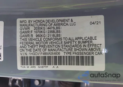 2021 Honda Accord Sport Special Edition from USA, damaged, VIN 1HGCV1F48MA064836
